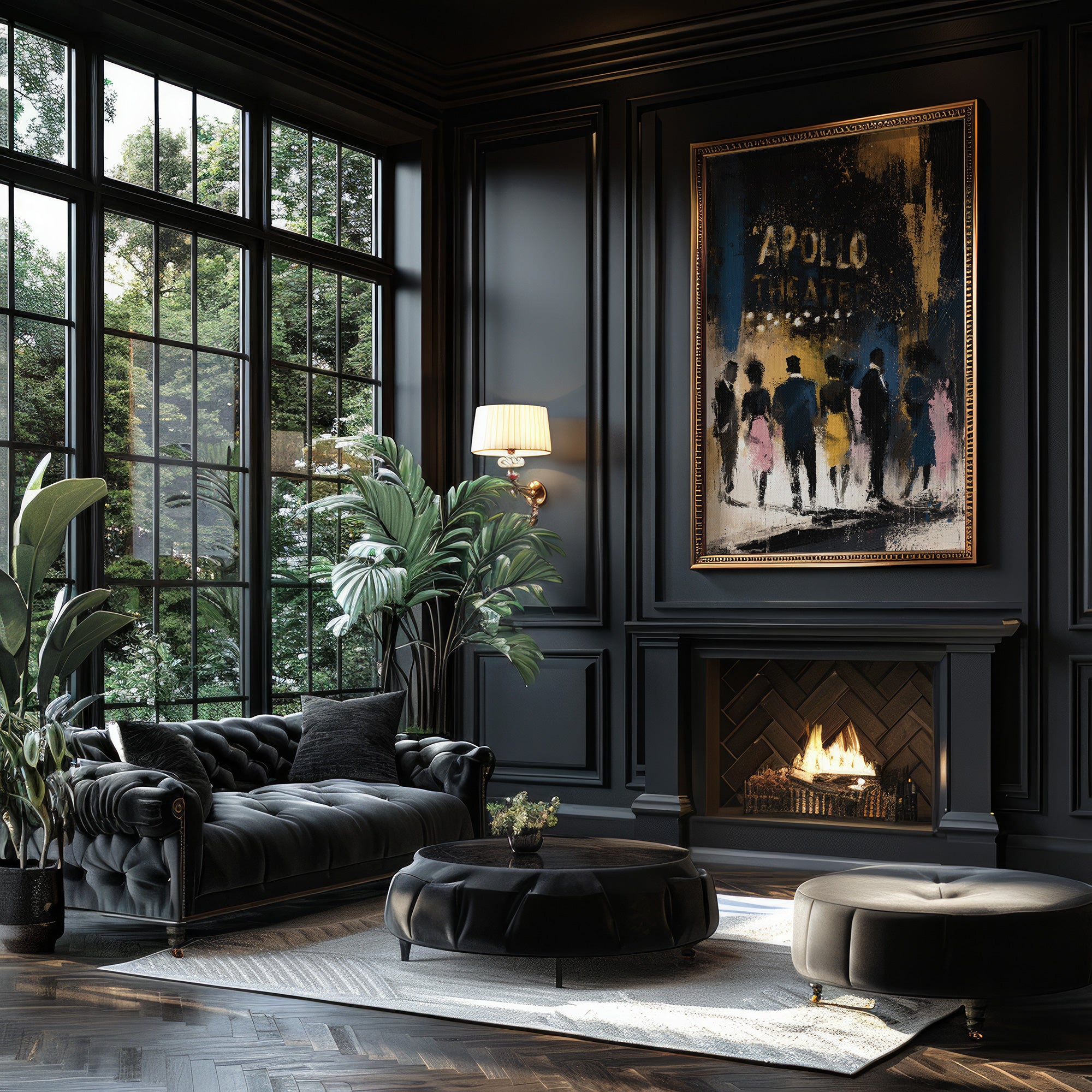 A luxurious dark living room featuring a black tufted chaise lounge, a round ottoman, a black coffee table, and a large framed Apollo Theatre fine art print on a black paneled wall above a fireplace.