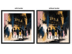 Two framed art prints side by side on a white background, labeled 'with border' and 'without border'. The artwork depicts an abstract nighttime street scene with silhouetted figures in front of an 'Apollo Theater' sign, using dark blue, black, gold, pink, and cream tones.