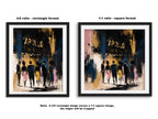 A framed art print preview showing two aspect ratio options: a 4:5 rectangle format on the left and a 1:1 square format on the right, both featuring an abstract black, gold, and cream painting of silhouetted figures in front of the historic Apollo Theatre in Harlem, New York.