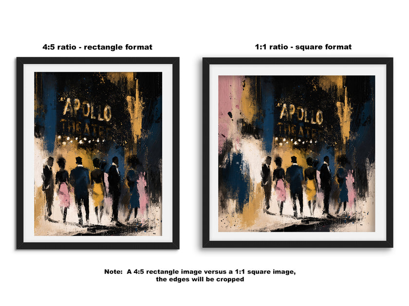 A framed art print preview showing two aspect ratio options: a 4:5 rectangle format on the left and a 1:1 square format on the right, both featuring an abstract black, gold, and cream painting of silhouetted figures in front of the historic Apollo Theatre in Harlem, New York.