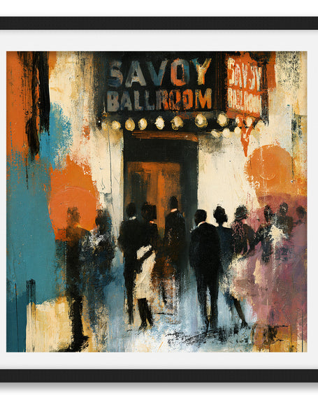 Abstract Afrocentric art print of the historic Savoy Ballroom in Harlem featuring elegantly dressed people gathered beneath the illuminated marquee during the Harlem Renaissance.  Image has black frame with white matt.