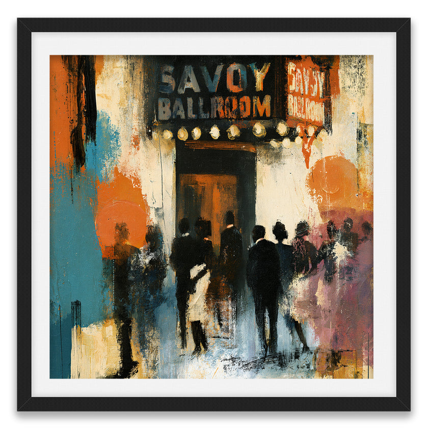 Abstract Afrocentric art print of the historic Savoy Ballroom in Harlem featuring elegantly dressed people gathered beneath the illuminated marquee during the Harlem Renaissance.  Image has black frame with white matt.