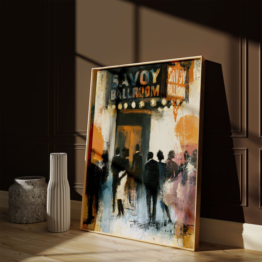 View of historic Savoy Ballroom in Harlem art print on floor leaning against a brown wall with sunlight from window casting shadows.