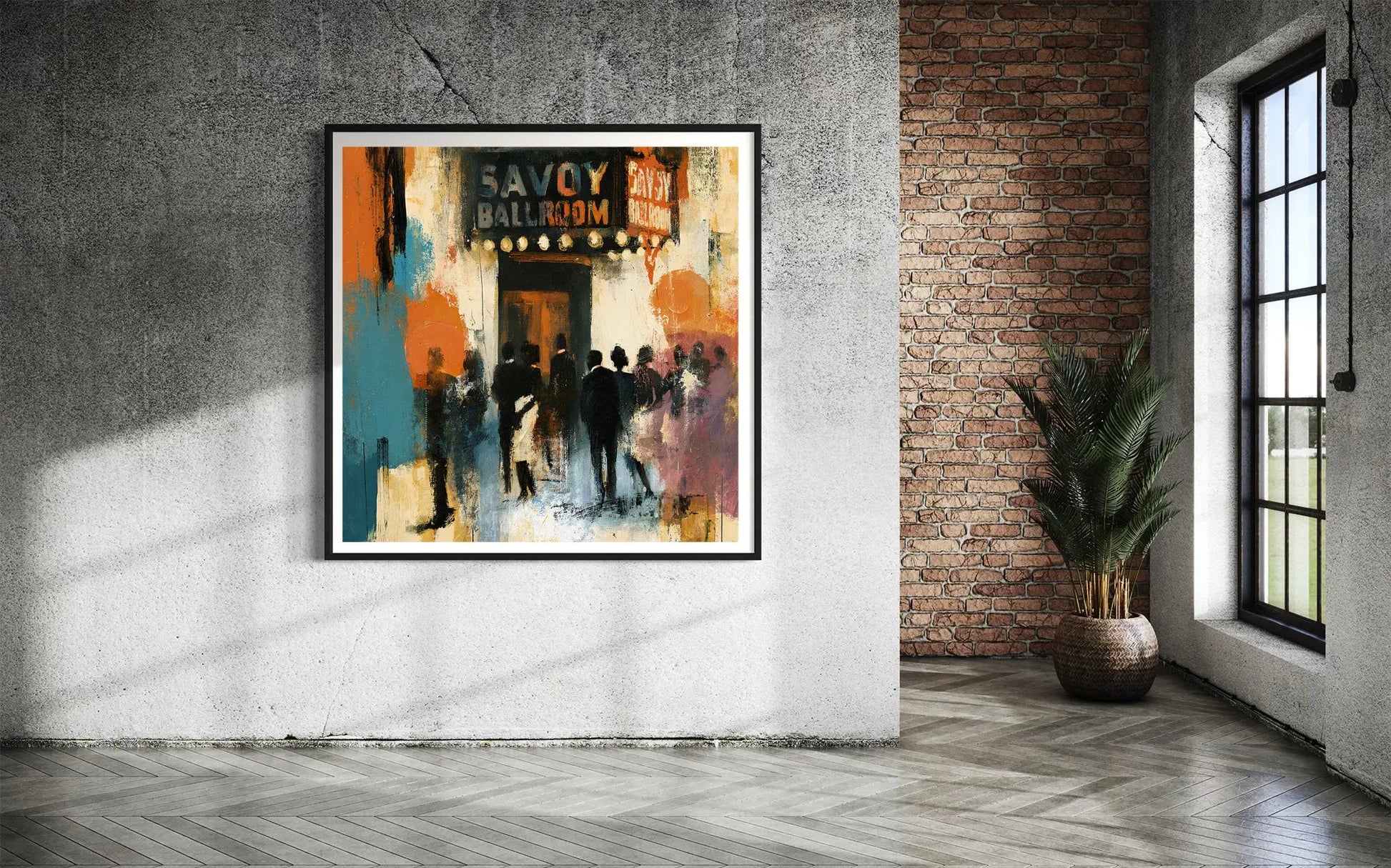 Historic Savoy Ballroom in Harlem art print in black frame with white mat mounted on a concrete textured wall.
