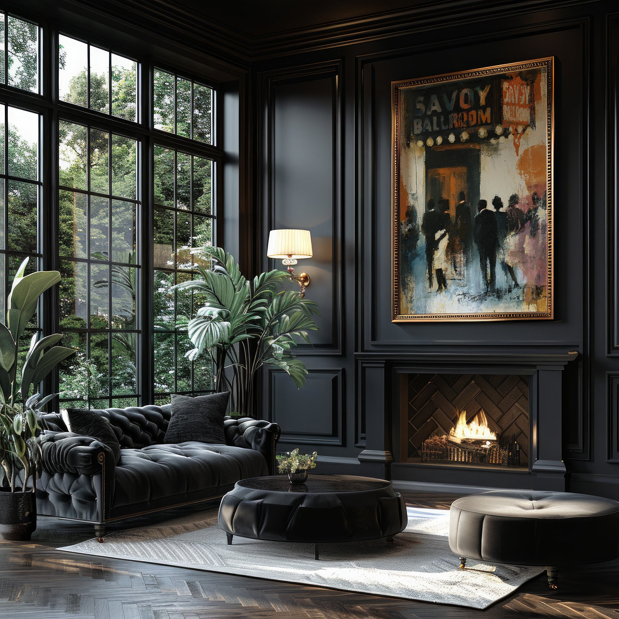 The historic Savoy Ballroom in Harlem art print mounted in a gold textured frame hung on a black wall with fireplace.