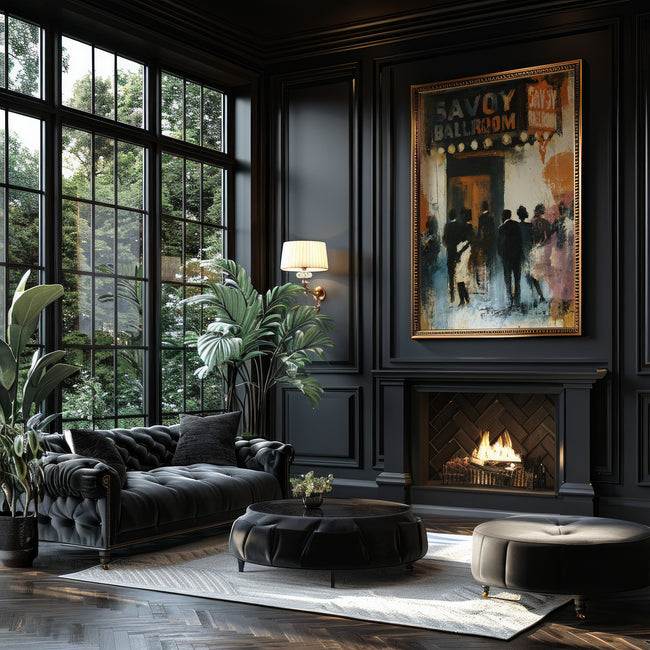 The historic Savoy Ballroom in Harlem art print mounted in a gold textured frame hung on a black wall with fireplace.