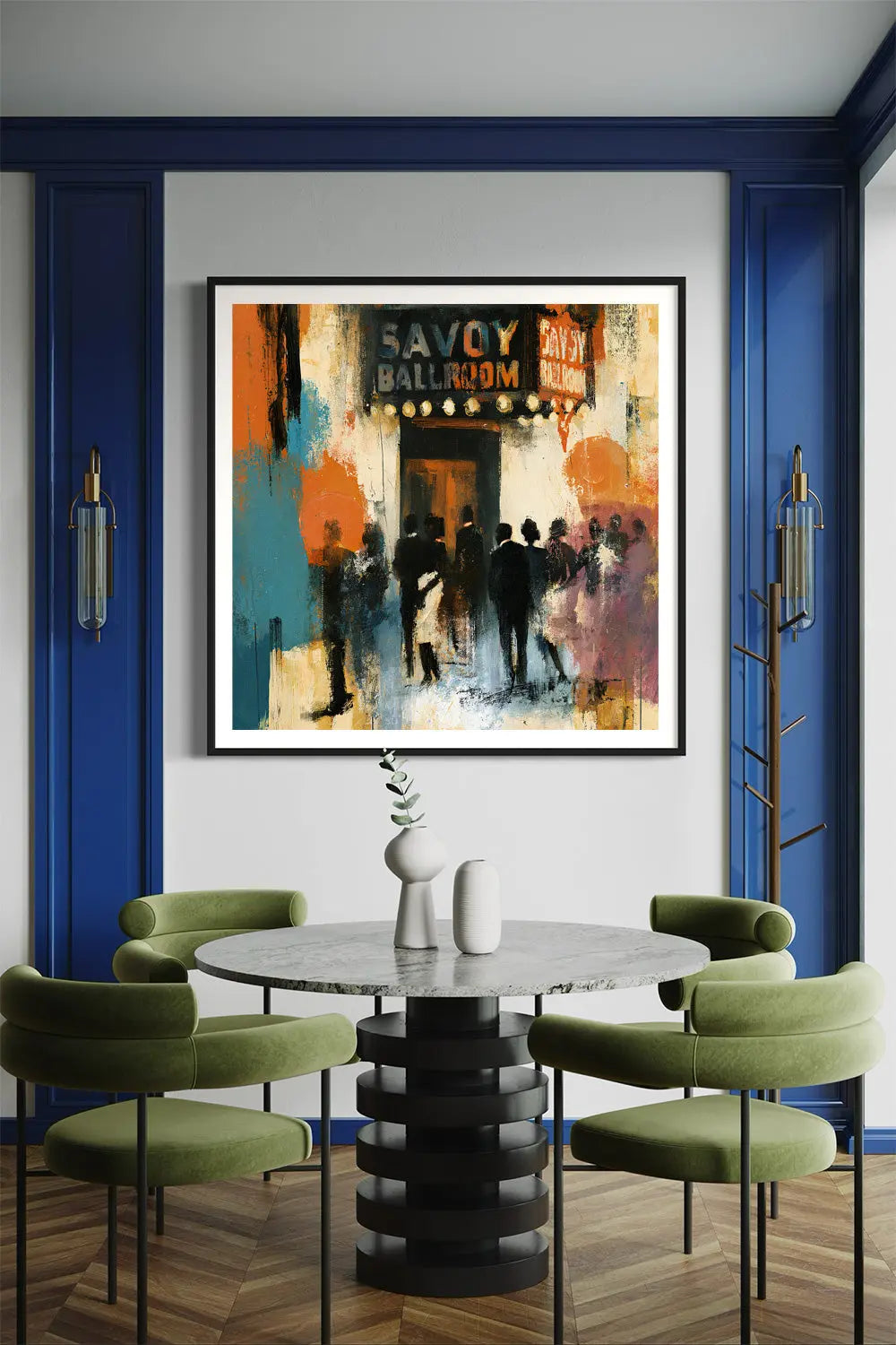 Framed art print of the historic Savoy Ballroom in Harlem displayed in a black frame with a white mat on a white wall in a dining room setting.