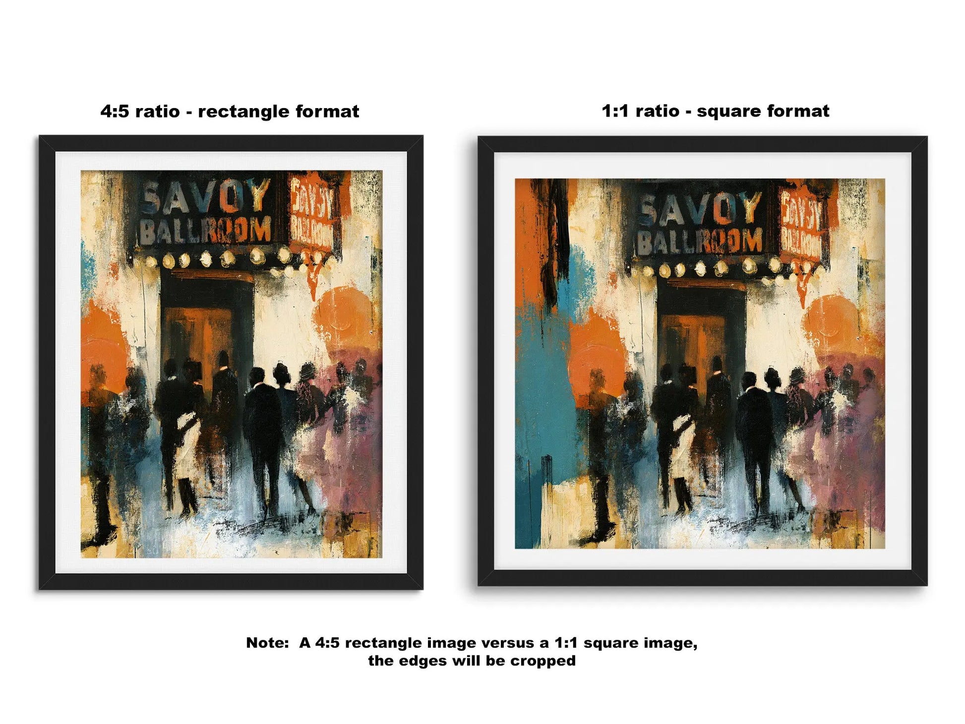 Side-by-side comparison of rectangular and square fine art print formats, showing how the same artwork is displayed in different aspect ratios to suit various home décor styles.