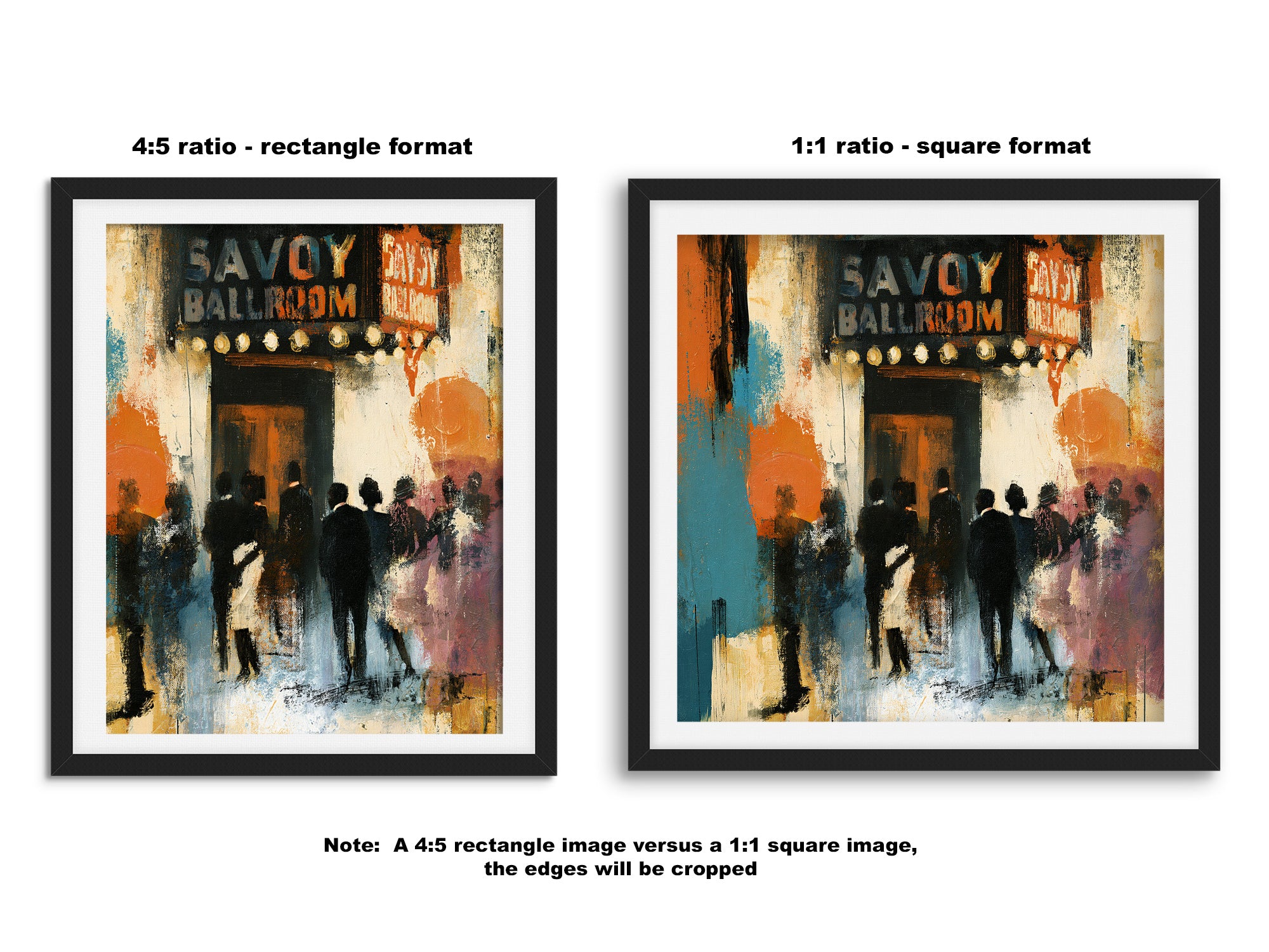 Side-by-side comparison of rectangular and square fine art print formats, showing how the same artwork is displayed in different aspect ratios to suit various home décor styles.