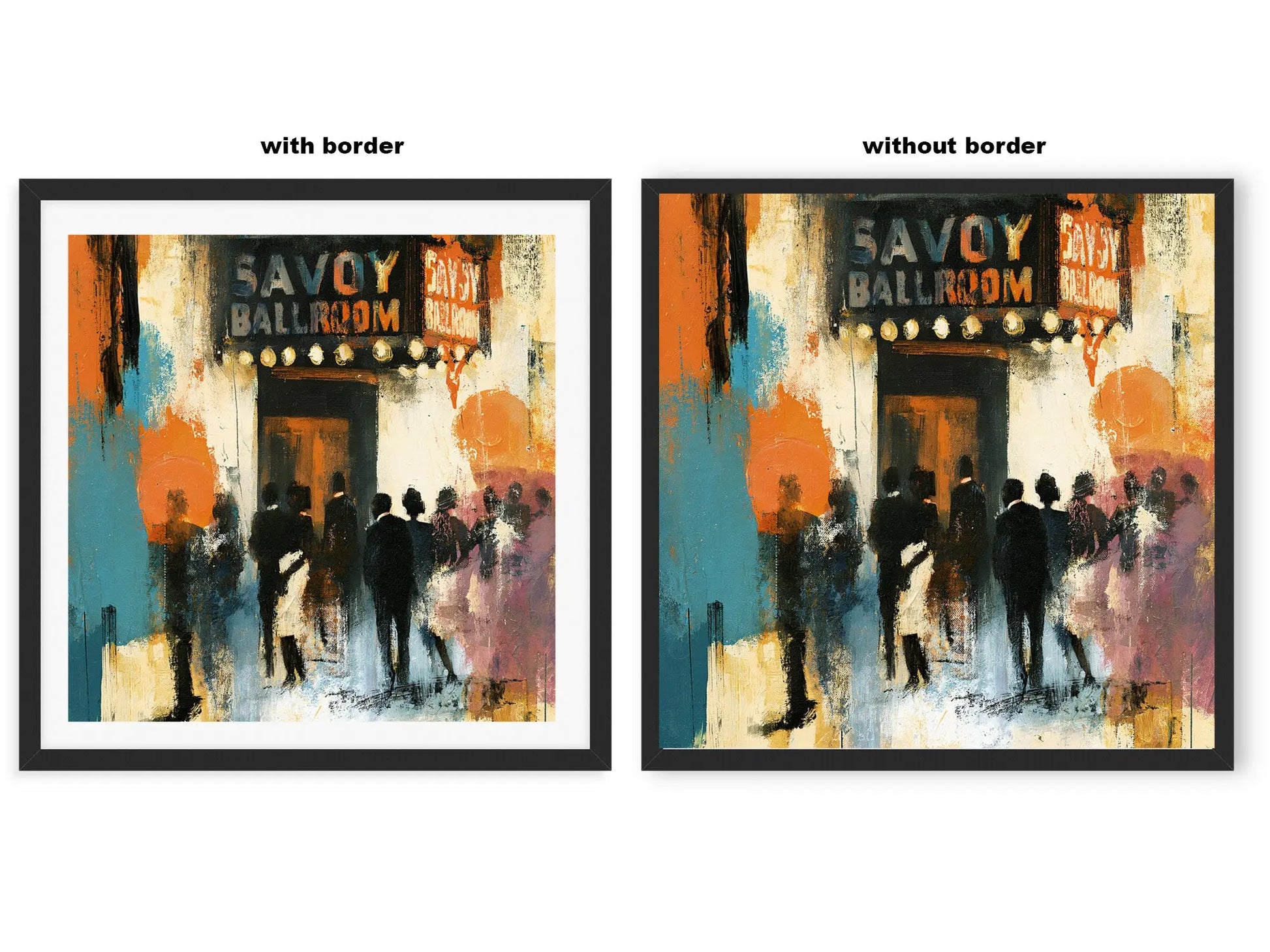 Side-by-side comparison of with border and without border for fine art print formats, showing how the same artwork is displayed in different framing styles to suit various home décor styles.