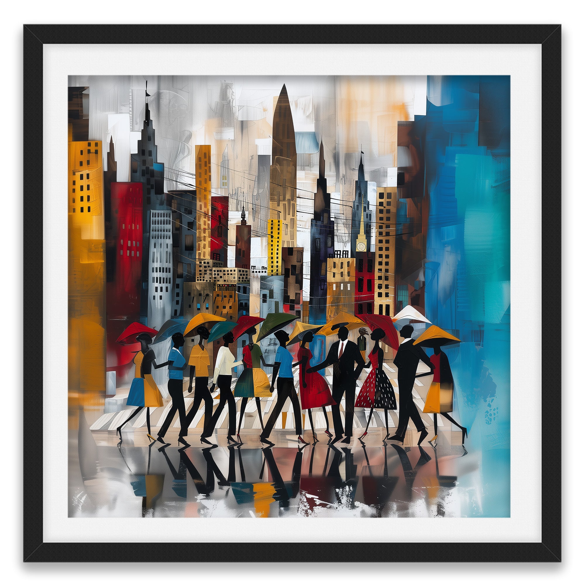 Abstract Afrocentric art print of Black silhouettes walking through rainy Manhattan streets with umbrellas, with the New York City skyline in the background.  Image presented in a black square frame against a white background.