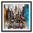 Abstract Afrocentric art print of Black silhouettes walking through rainy Manhattan streets with umbrellas, with the New York City skyline in the background.  Image presented in a black square frame against a white background.