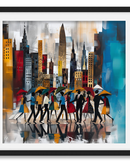 Abstract Afrocentric art print of Black silhouettes walking through rainy Manhattan streets with umbrellas, with the New York City skyline in the background.  Image presented in a black square frame against a white background.
