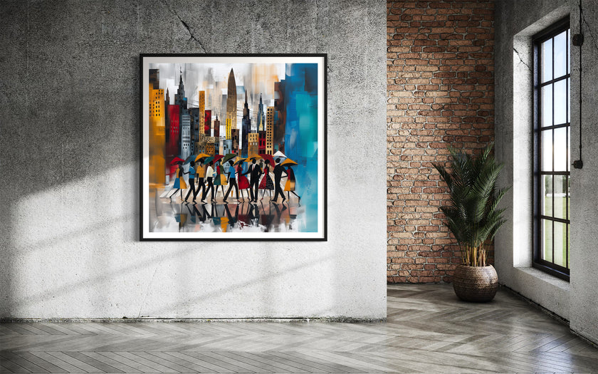 Abstract Afrocentric art print of Black silhouettes walking through rainy Manhattan streets with umbrellas, with the New York City skyline in the background.  Image presented in a black square frame hung on a grey stone wall.