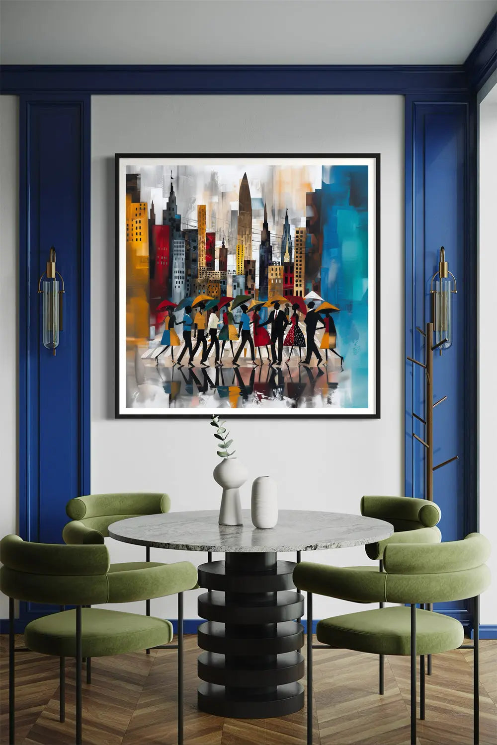 Abstract Afrocentric art print of Black silhouettes walking through rainy Manhattan streets with umbrellas, with the New York City skyline in the background.  Image presented in a black square frame in a dining room setting.