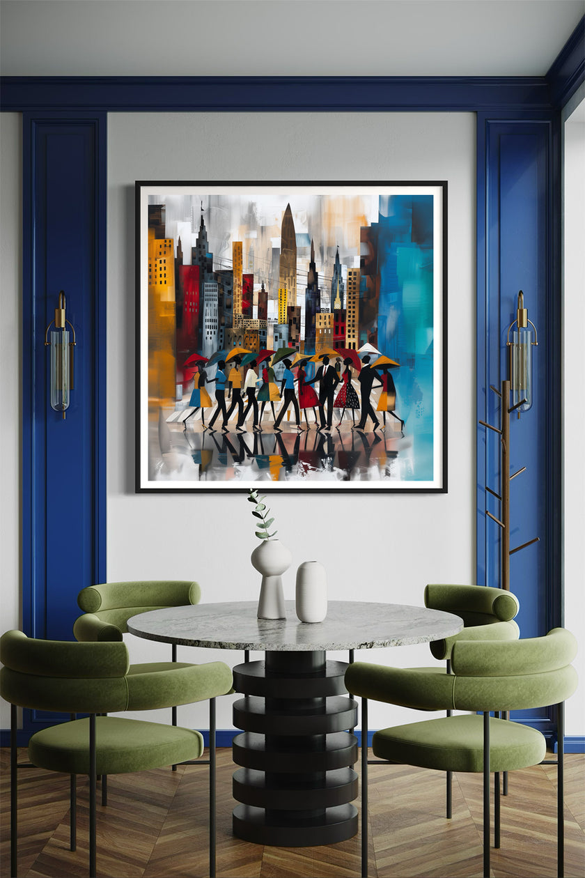 Abstract Afrocentric art print of Black silhouettes walking through rainy Manhattan streets with umbrellas, with the New York City skyline in the background.  Image presented in a black square frame in a dining room setting.