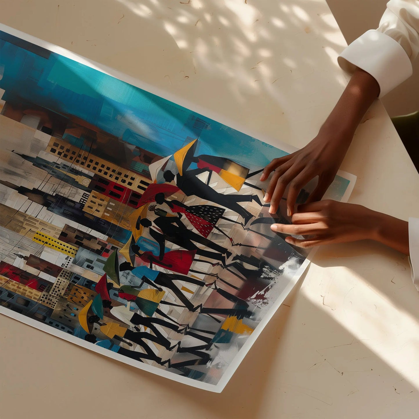 Abstract Afrocentric art print of Black silhouettes walking through rainy Manhattan streets with umbrellas, with the New York City skyline in the background.  Image presented on an oak table with hands of a black model.