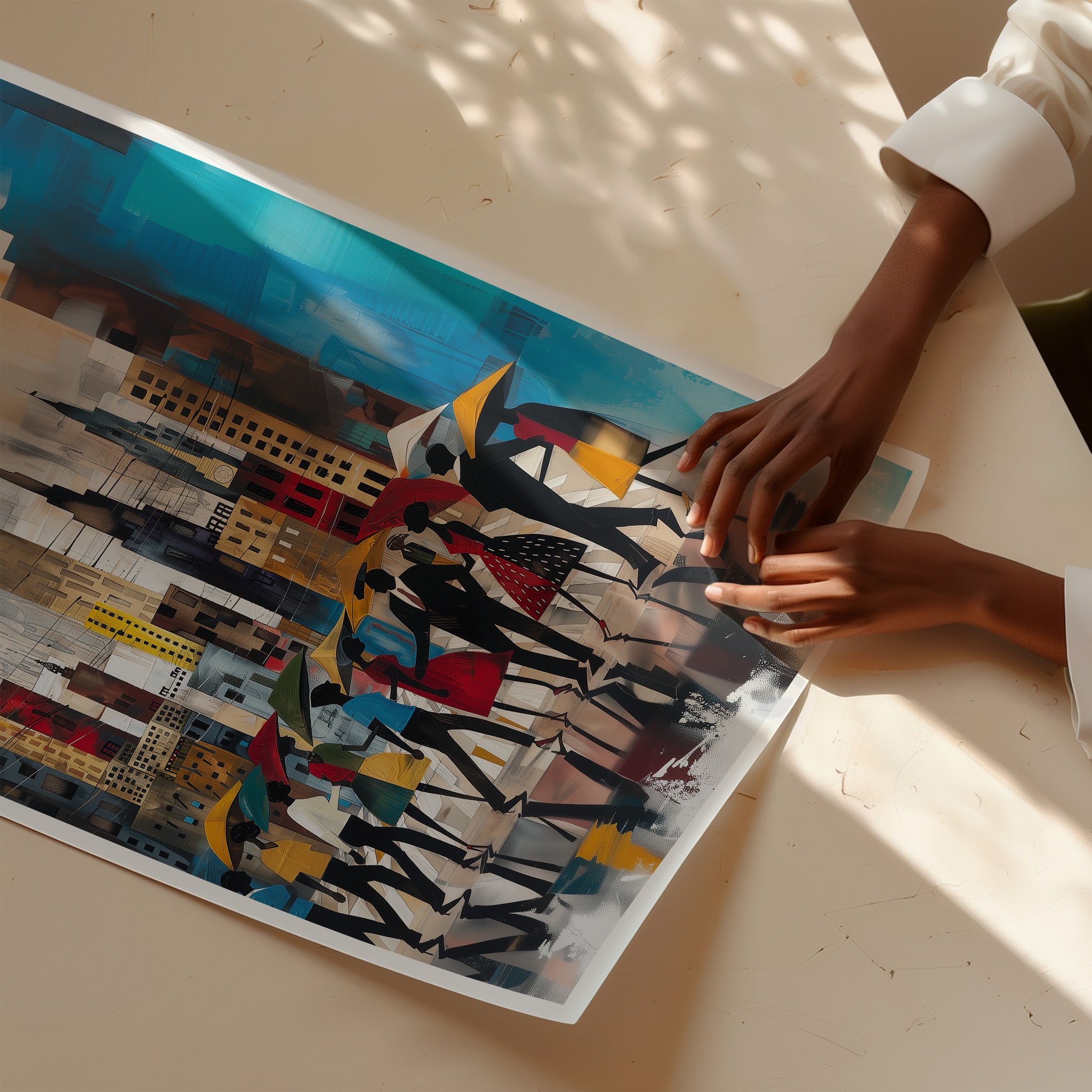 Abstract Afrocentric art print of Black silhouettes walking through rainy Manhattan streets with umbrellas, with the New York City skyline in the background.  Image presented on an oak table with hands of a black model.