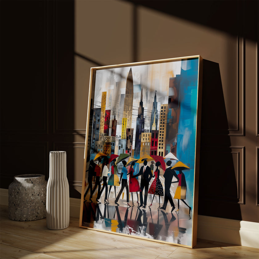 Abstract Afrocentric art print featuring Black silhouettes walking through rainy Manhattan streets with umbrellas and the New York City skyline in the background, displayed in a natural oak frame leaning against a warm brown wall as sunlight streams through a nearby window, casting soft shadows across the artwork.