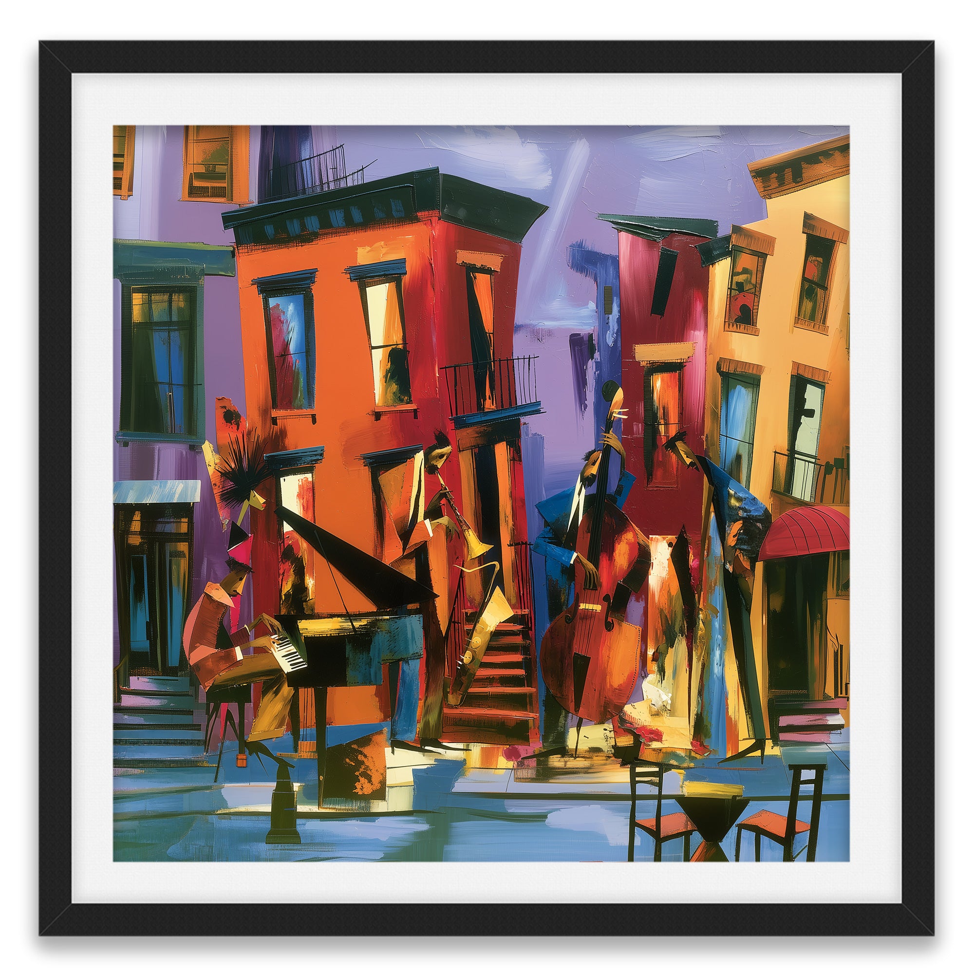 Abstract Afrocentric art print featuring Black American jazz musicians playing on a Harlem sidewalk in front of historic brownstone buildings, painted in vibrant expressive colors celebrating African American music and culture.