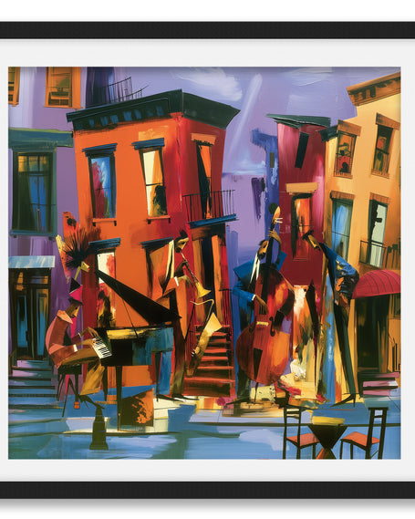 Abstract Afrocentric art print featuring Black American jazz musicians playing on a Harlem sidewalk in front of historic brownstone buildings, painted in vibrant expressive colors celebrating African American music and culture.