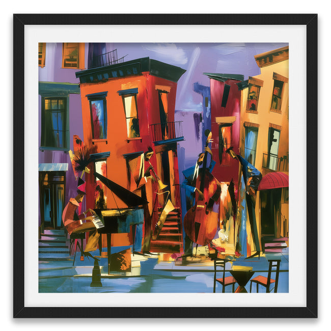 Abstract Afrocentric art print featuring Black American jazz musicians playing on a Harlem sidewalk in front of historic brownstone buildings, painted in vibrant expressive colors celebrating African American music and culture.