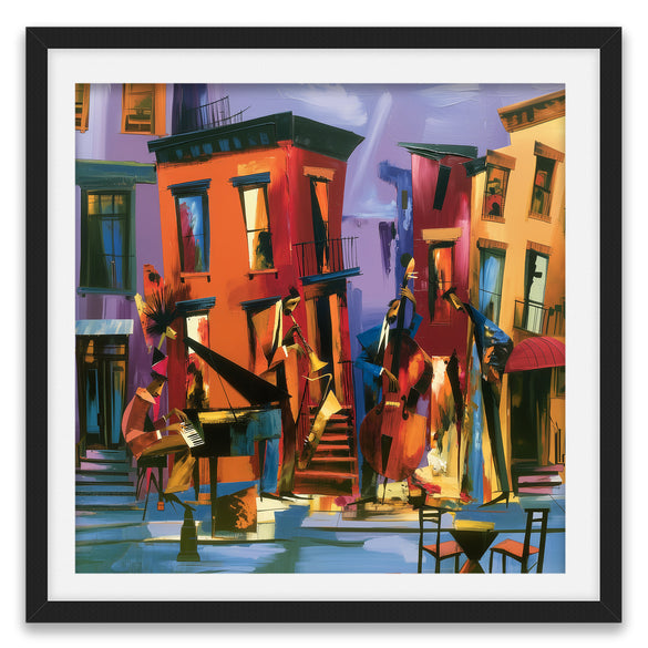 Abstract Afrocentric art print featuring Black American jazz musicians playing on a Harlem sidewalk in front of historic brownstone buildings, painted in vibrant expressive colors celebrating African American music and culture.