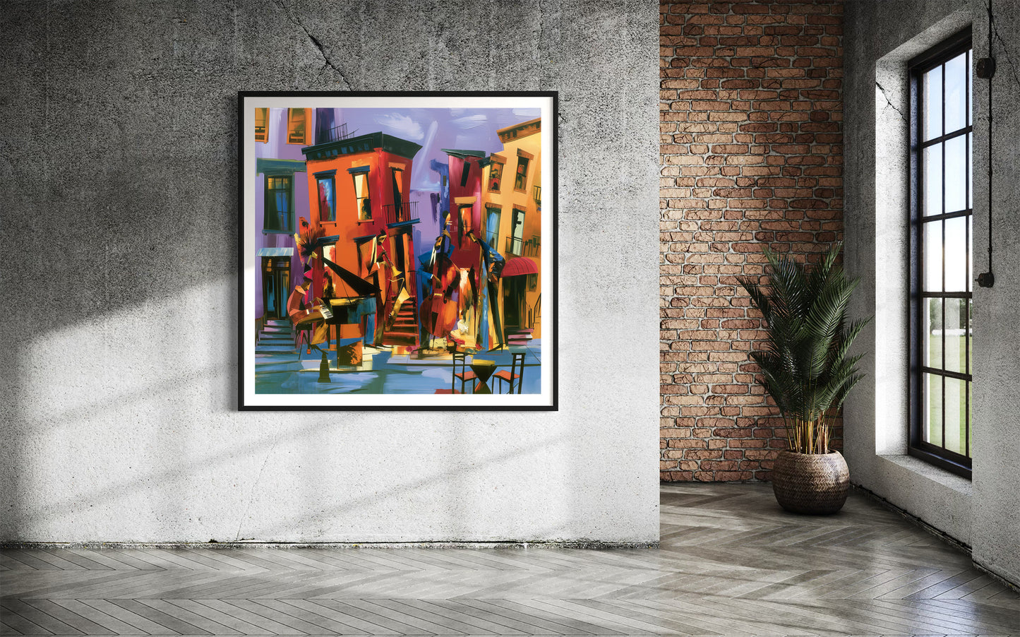 Abstract Afrocentric art print featuring Black American jazz musicians playing on a Harlem sidewalk in front of historic brownstone buildings, painted in vibrant expressive colors celebrating African American music and culture.  The print is displayed hanging against a grey textured wall.