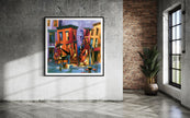 Abstract Afrocentric art print featuring Black American jazz musicians playing on a Harlem sidewalk in front of historic brownstone buildings, painted in vibrant expressive colors celebrating African American music and culture.  The print is displayed hanging against a grey textured wall.