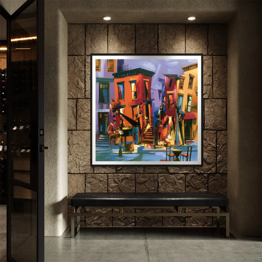 Abstract Afrocentric art print featuring Black American jazz musicians playing on a Harlem sidewalk in front of historic brownstone buildings, painted in vibrant expressive colors celebrating African American music and culture.  The print is displayed hanging against a stone textured wall.