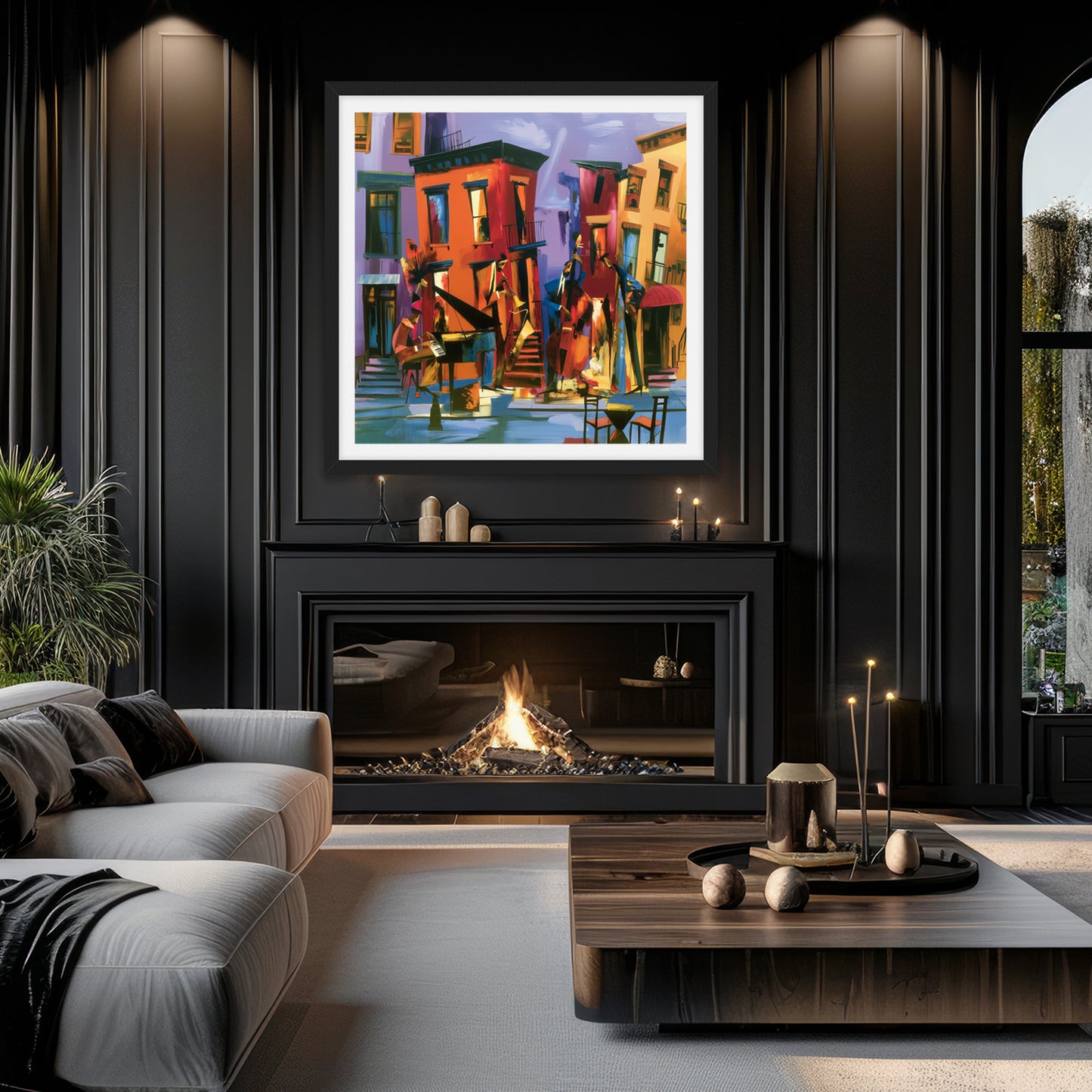 Abstract Afrocentric art print featuring Black American jazz musicians playing on a Harlem sidewalk in front of historic brownstone buildings, painted in vibrant expressive colors celebrating African American music and culture.  The print is displayed hanging against a black wall over a fireplace in a living room setting.