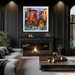 Abstract Afrocentric art print featuring Black American jazz musicians playing on a Harlem sidewalk in front of historic brownstone buildings, painted in vibrant expressive colors celebrating African American music and culture.  The print is displayed hanging against a black wall over a fireplace in a living room setting.