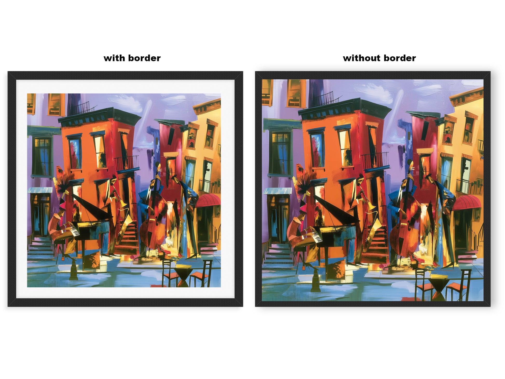 Comparison showing the same Harlem Jazz Musicians art print displayed in a frame with a white mat border versus a full-bleed print extending to the edges of the frame.