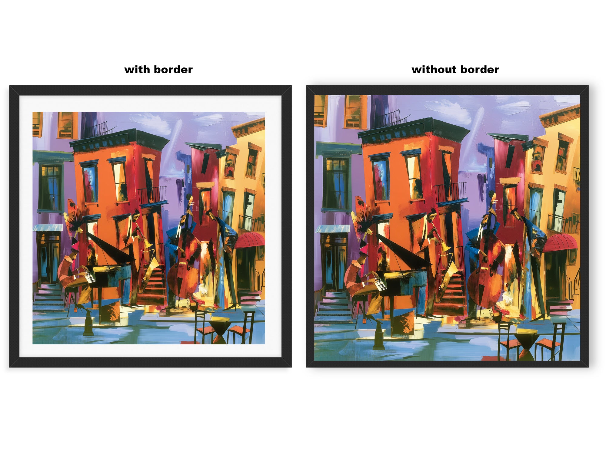 Comparison showing the same Harlem Jazz Musicians art print displayed in a frame with a white mat border versus a full-bleed print extending to the edges of the frame.