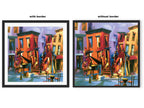 Comparison showing the same Harlem Jazz Musicians art print displayed in a frame with a white mat border versus a full-bleed print extending to the edges of the frame.