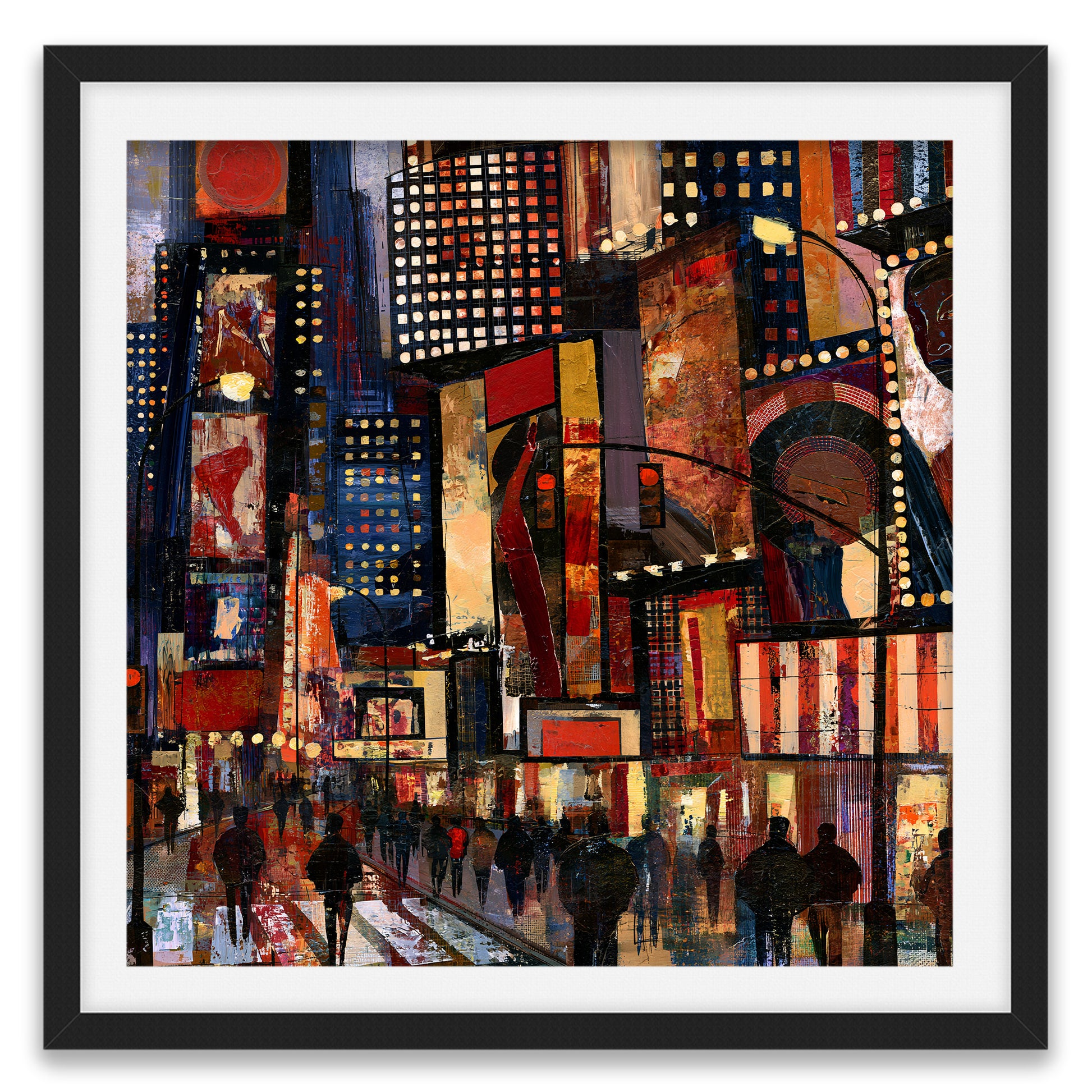 A framed abstract art print depicting a bustling Times Square-like city scene with tall buildings, glowing windows, streetlights, and silhouetted pedestrians. The gritty faux texture artwork uses a rich palette of red, blue, yellow, orange, black, and white, presented in a white mat and a black frame.
