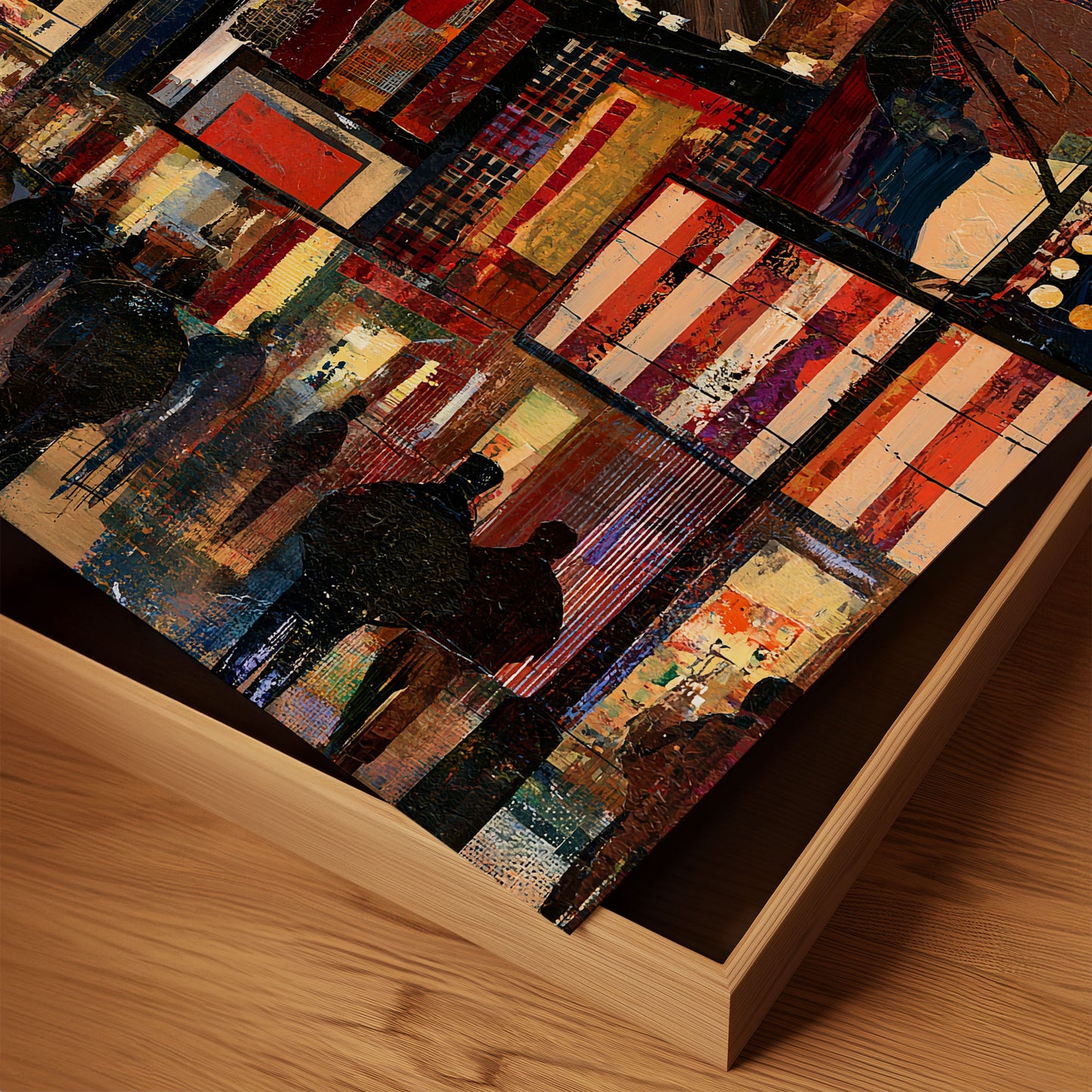 A framed abstract, faux gritty texture art print with a rich collage of red, black, gold, and blue tones, shown resting on a light wood floor inside a wooden frame.