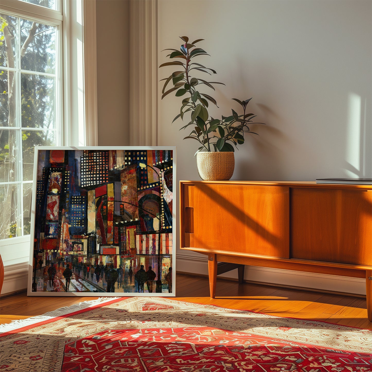 A framed colorful cityscape painting leaning against a window in a sunlit room, next to a wooden cabinet with a potted plant and a red patterned rug.