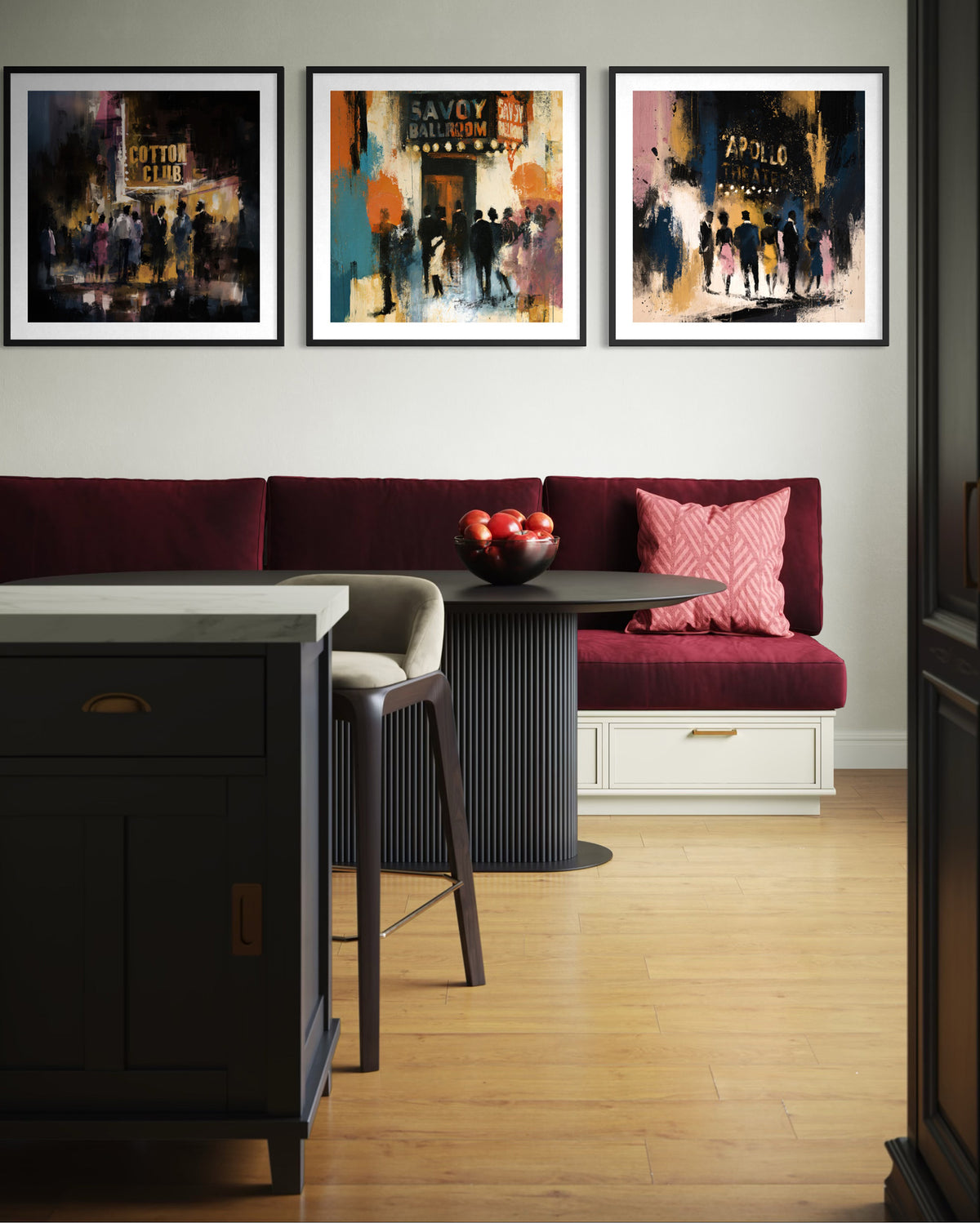 Set of 3 art prints featuring historic entertainment clubs: Harlem Cotton Club, Savoy Ballroom and the legendary Apollo Theatre.  The prints are displayed over a burgundy sofa in an office space.