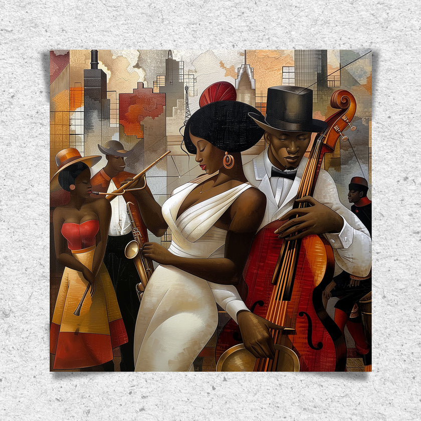 Celebrate Harlem’s golden age with the Jazz Musicians Art Print, featuring Afrocentric abstract Bauhaus style artwork of African American performers. Perfect wall decor for music lovers and collectors of Harlem Renaissance art.