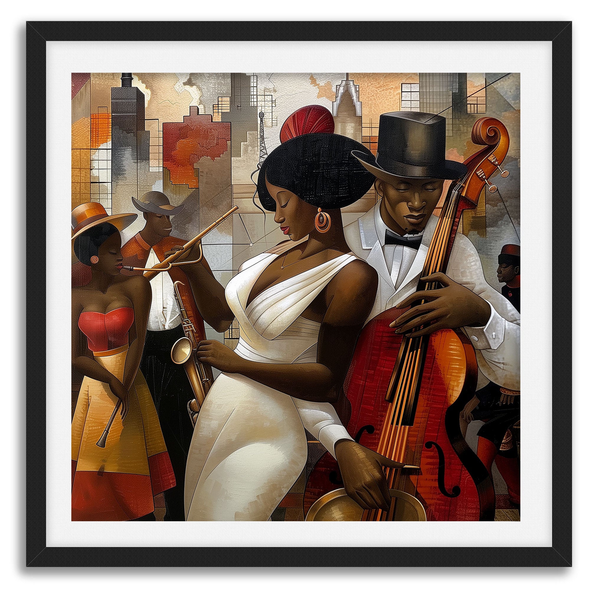 Celebrate Harlem’s golden age with the Jazz Musicians Art Print, featuring Afrocentric abstract Bauhaus style artwork of African American performers. Perfect wall decor for music lovers and collectors of Harlem Renaissance art.