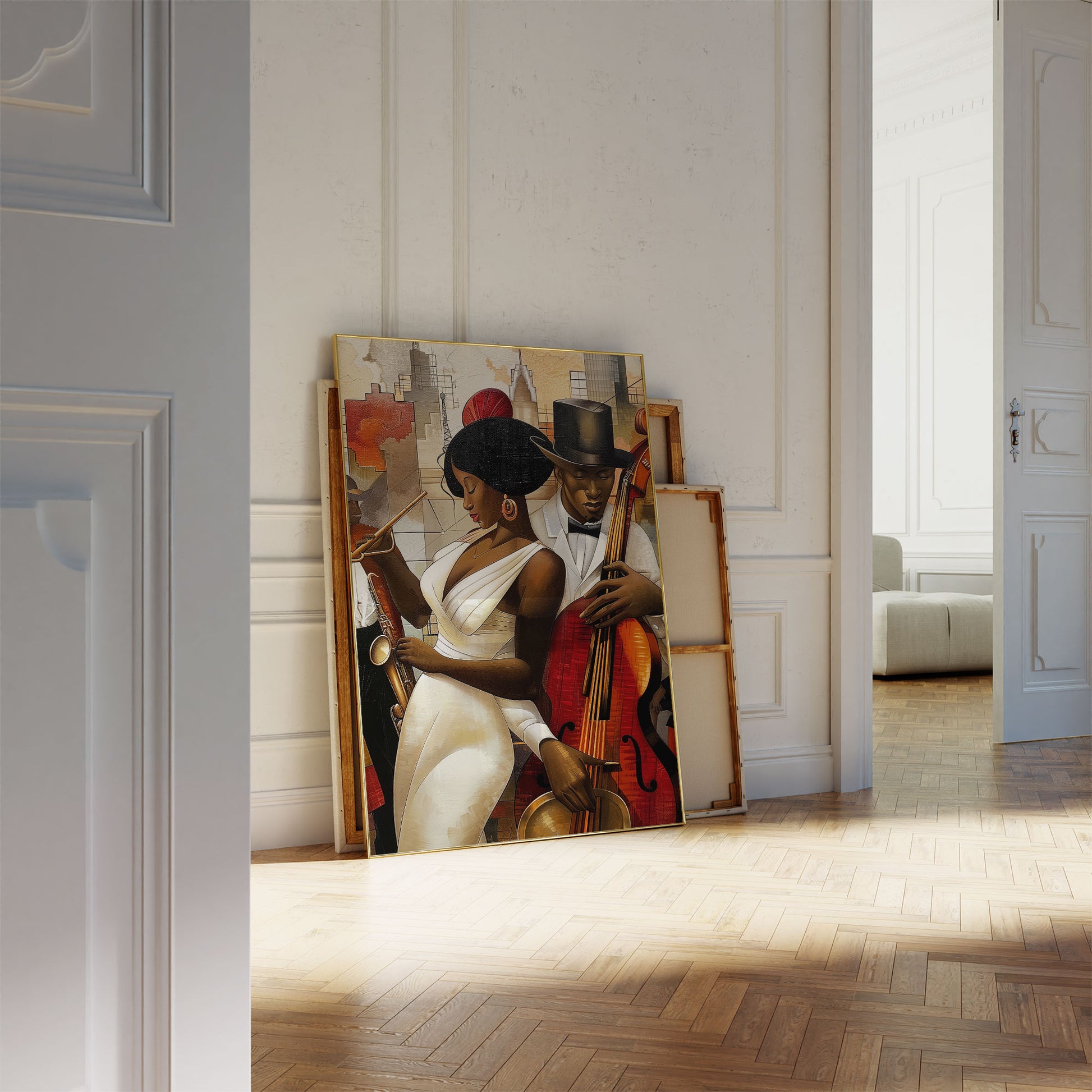 Celebrate Harlem’s golden age with the Jazz Musicians Art Print, featuring Afrocentric abstract Bauhaus style artwork of African American performers. Perfect wall decor for music lovers and collectors of Harlem Renaissance art.