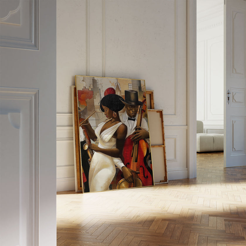 Celebrate Harlem’s golden age with the Jazz Musicians Art Print, featuring Afrocentric abstract Bauhaus style artwork of African American performers. Perfect wall decor for music lovers and collectors of Harlem Renaissance art.