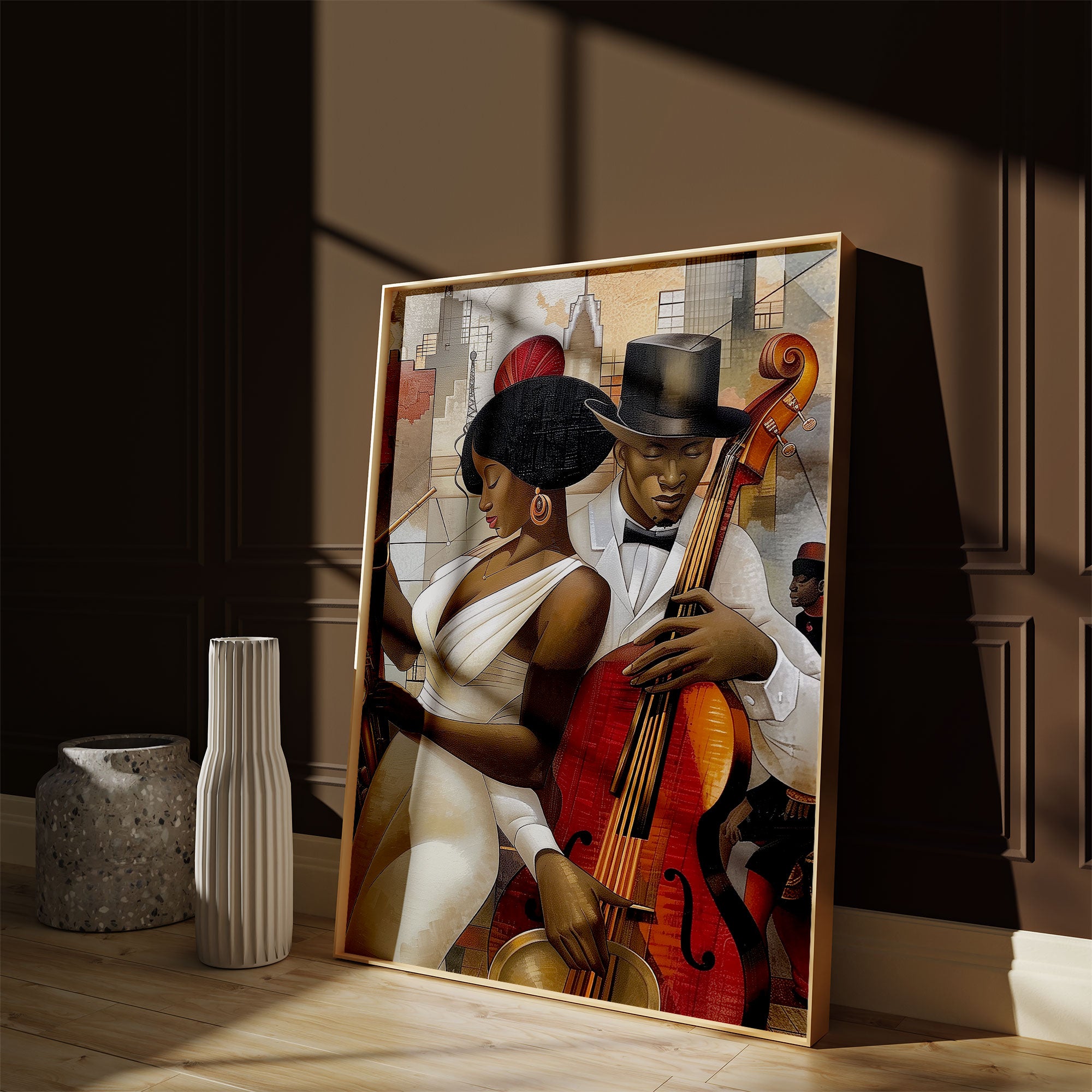 Celebrate Harlem’s golden age with the Jazz Musicians Art Print, featuring Afrocentric abstract Bauhaus style artwork of African American performers. Perfect wall decor for music lovers and collectors of Harlem Renaissance art.