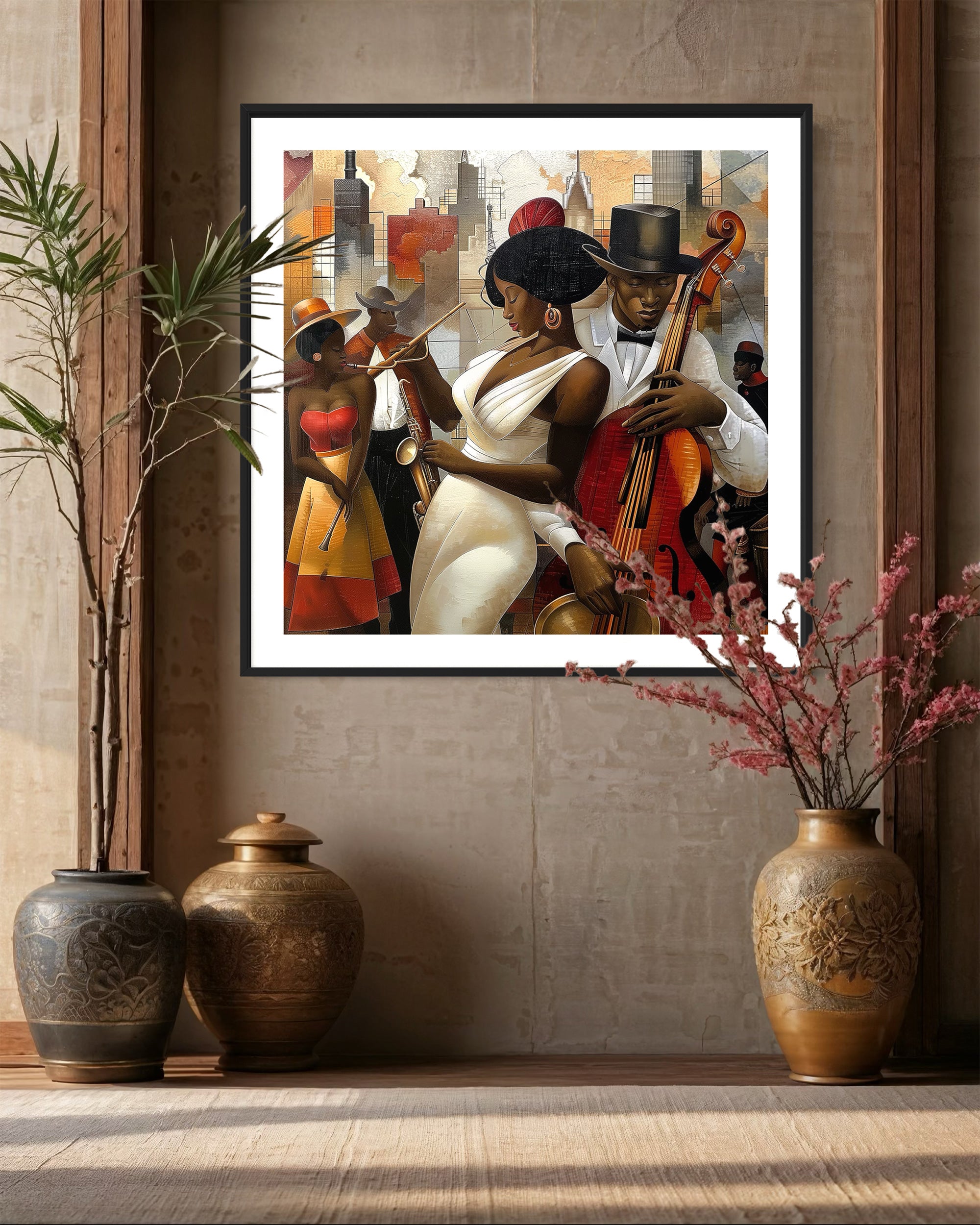 Celebrate Harlem’s golden age with the Jazz Musicians Art Print, featuring Afrocentric abstract Bauhaus style artwork of African American performers. Perfect wall decor for music lovers and collectors of Harlem Renaissance art.