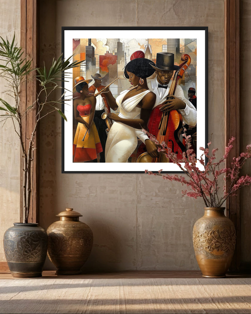 Celebrate Harlem’s golden age with the Jazz Musicians Art Print, featuring Afrocentric abstract Bauhaus style artwork of African American performers. Perfect wall decor for music lovers and collectors of Harlem Renaissance art.