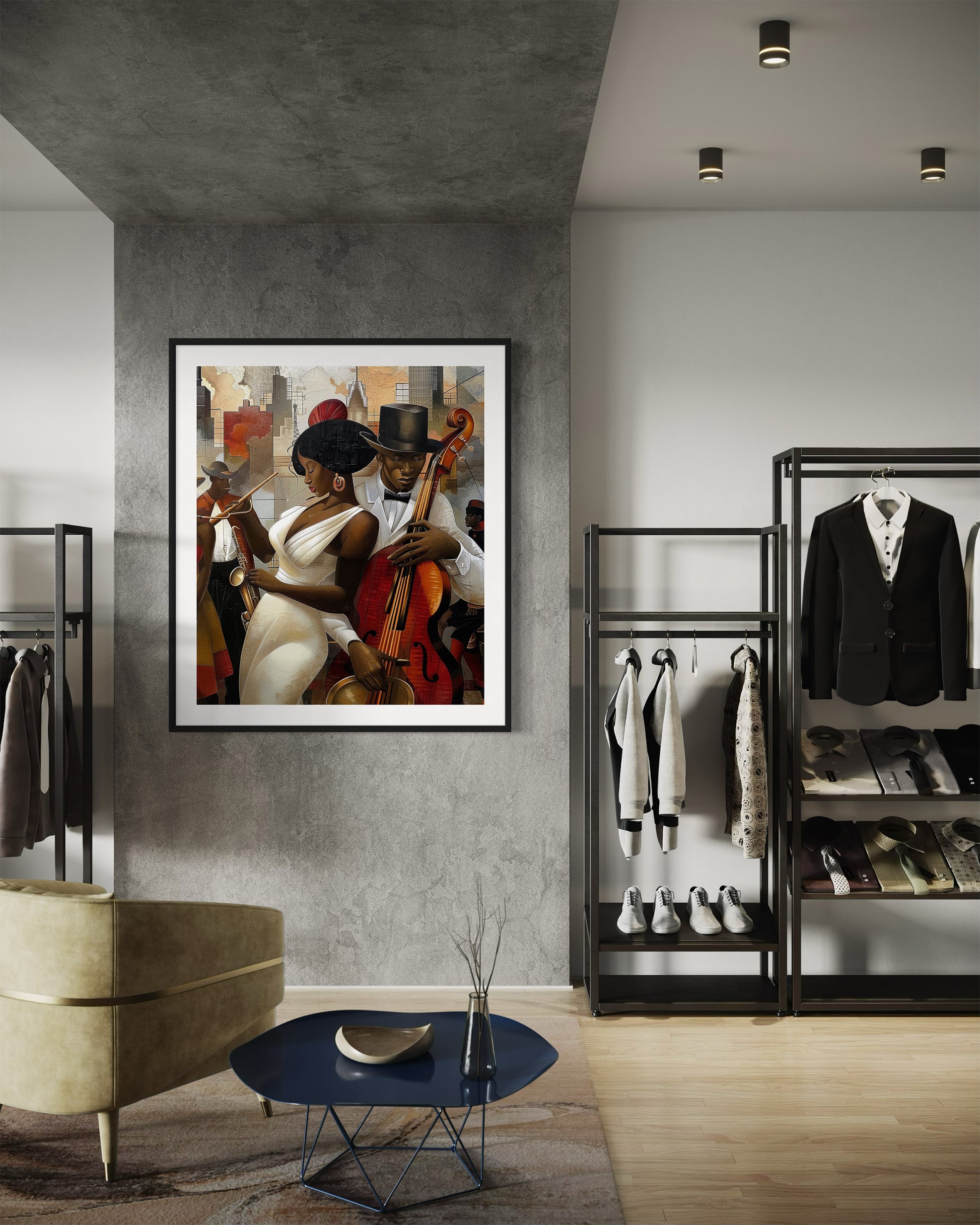 Celebrate Harlem’s golden age with the Jazz Musicians Art Print, featuring Afrocentric abstract Bauhaus style artwork of African American performers. Perfect wall decor for music lovers and collectors of Harlem Renaissance art.