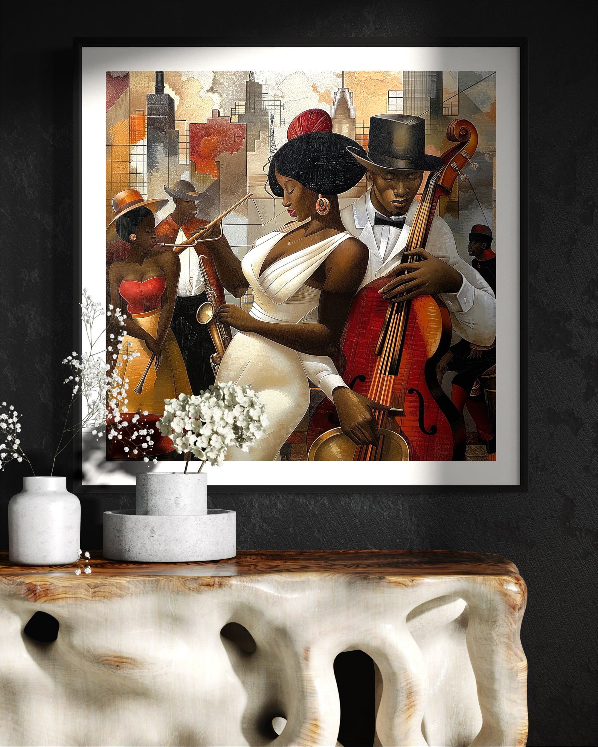 Celebrate Harlem’s golden age with the Jazz Musicians Art Print, featuring Afrocentric abstract Bauhaus style artwork of African American performers. Perfect wall decor for music lovers and collectors of Harlem Renaissance art.