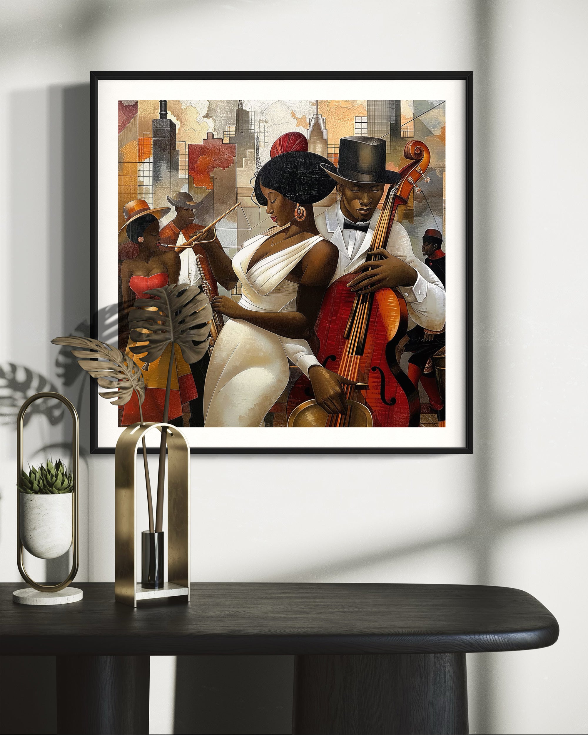 Celebrate Harlem’s golden age with the Jazz Musicians Art Print, featuring Afrocentric abstract Bauhaus style artwork of African American performers. Perfect wall decor for music lovers and collectors of Harlem Renaissance art.