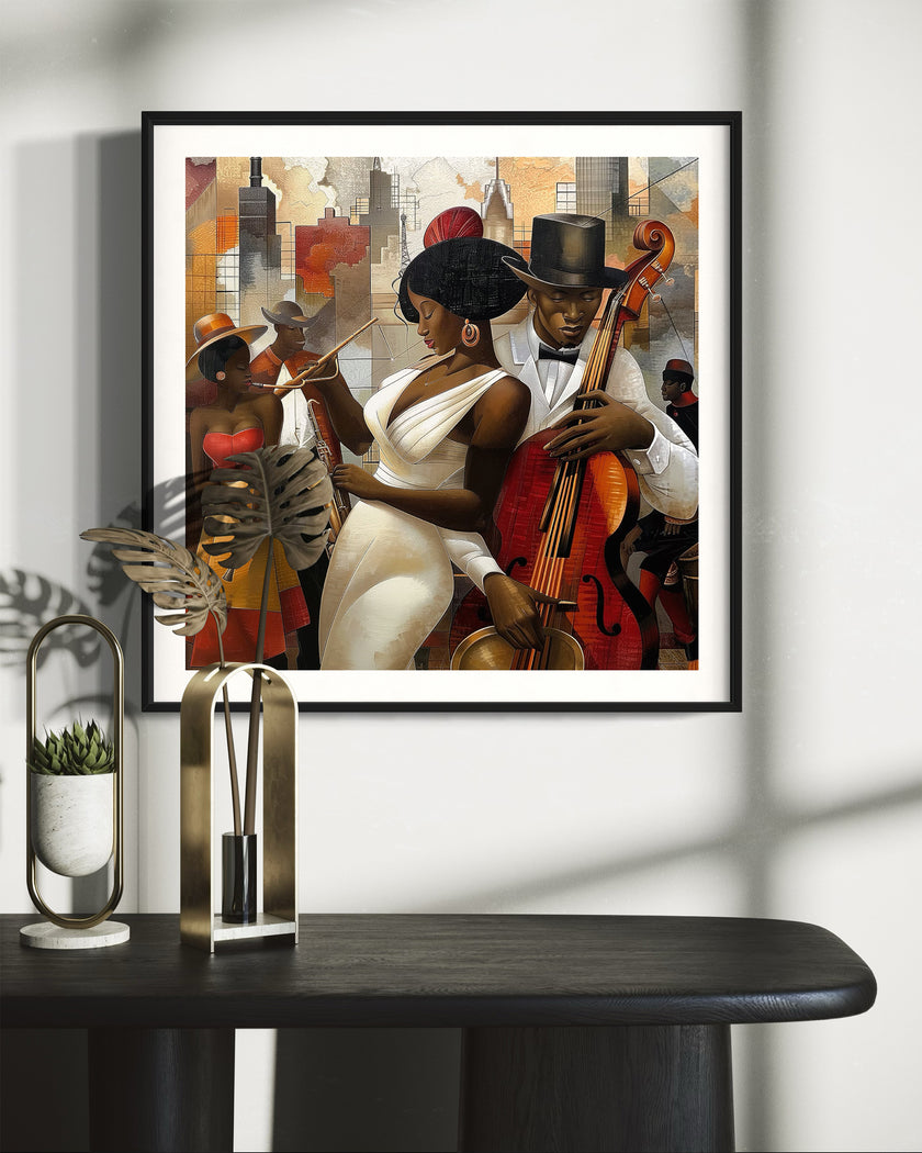 Celebrate Harlem’s golden age with the Jazz Musicians Art Print, featuring Afrocentric abstract Bauhaus style artwork of African American performers. Perfect wall decor for music lovers and collectors of Harlem Renaissance art.